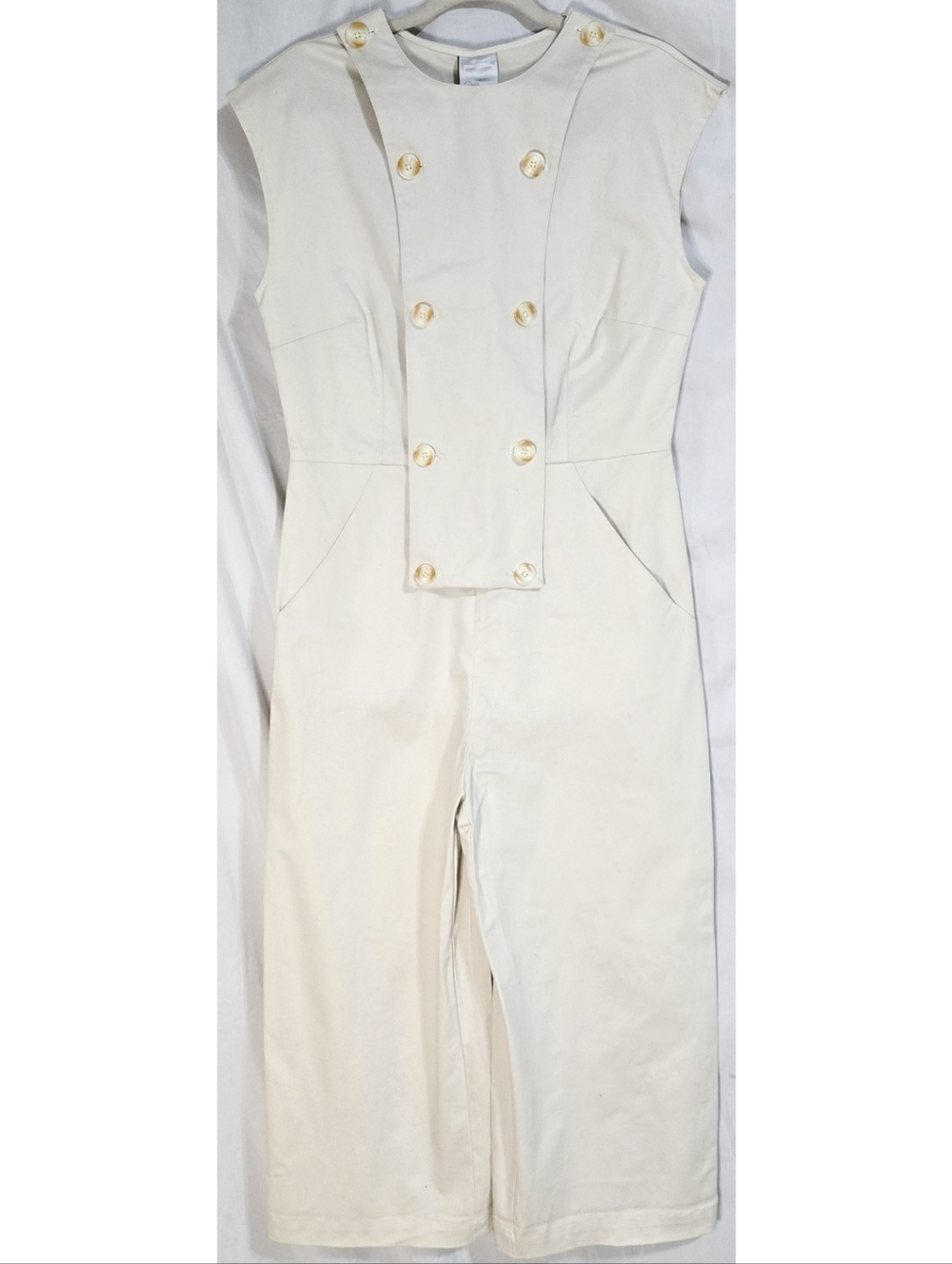 Retro Jumpsuit Meg Shop Beige Canvas Button Straight Leg Sleeveless - Picture 2 of 5